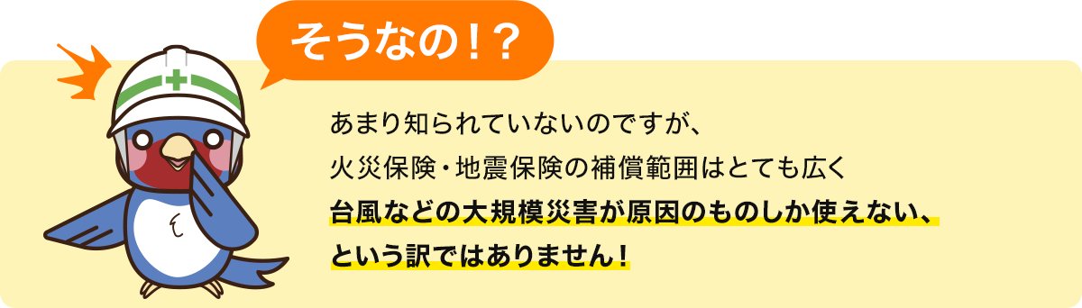あまり知られていないのですが、火災保険・地震保険の補償範囲はとても広く台風などの大規模災害が原因のものしか使えない、という訳ではありません！